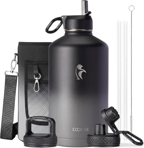 Miniatura 11 de Coolflask Botella de agua de 20 onzas aislada con pajilla, 3 tapas de metal de acero inoxidable, botella de agua de boca ancha para deportes u