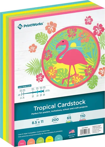 PrintWorks - Cartulina tropical de 8.5 x 11 pulgadas, 200 hojas, 5 colores fluorescentes surtidos, ideal para proyectos escolares y artesanales, 65