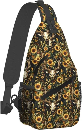 Small Crossbody Bags for Women Men - Vintage Deer Skull Sunflowers Print Adjustable Shoulder Bag Fanny Packs Belt Sling Bag Crossbody Purses