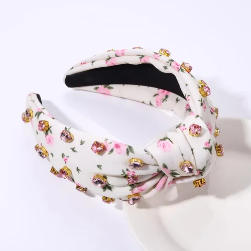 Miniatura 6 de Diademas anudadas con perlas para mujer, diademas de flores impresas con diamantes de imitación, diademas anudadas de cristal, cuentas brillantes
