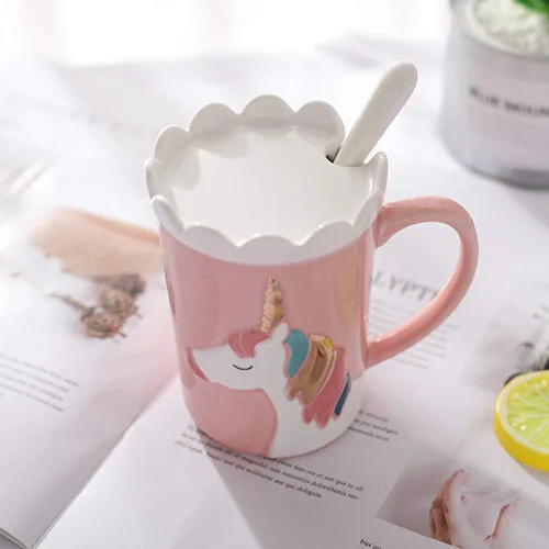 Miniatura 4 de Taza de unicornio BigNoseDeer, linda taza de café de cerámica con tapa y cuchara, lindas tazas para café, té, leche, lindas cosas Regalos