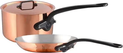 Mauviel M'Heritage 150 CI - Juego de utensilios de cocina DeLuxe de cobre pulido y acero inoxidable de 3 piezas, con sartén con tapa, 2.8 cuartos de