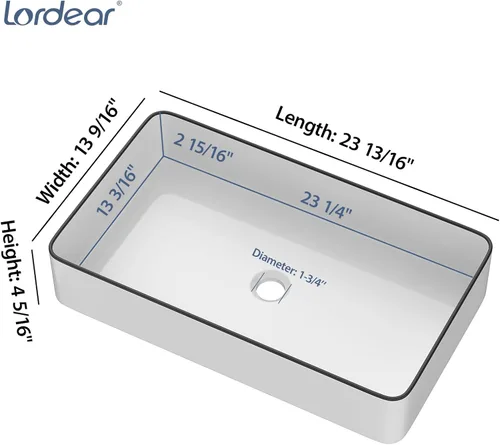 Miniatura 6 de Lordear Lavabo Rectangular de Baño Tipo Vasija 24X14 Pulgadas Lavabos de Baño Blancos de 24 Pulgadas con Borde Negro Lavabo de Cerámica Sobre