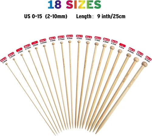 Miniatura 2 de Juego de agujas de tejer de bambú, agujas de tejer de madera para principiantes, 18 pares de agujas de punto recto de madera recta de un solo punto