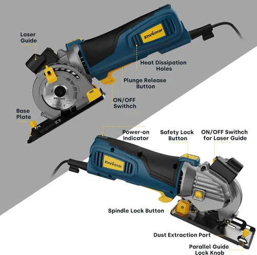 Miniatura 2 de Enventor Mini sierra circular, sierra circular eléctrica mejorada de 5A/600 W, con cable con guía láser, 5,500 RPM, 3 hojas de sierra compactas
