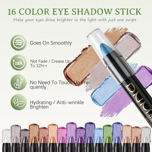 Miniatura 5 de VolksRose Juego de 16 barras de sombra de ojos brillantes, juego de barras de sombra de ojos iluminadoras, lápiz de sombra de ojos cremoso colorido