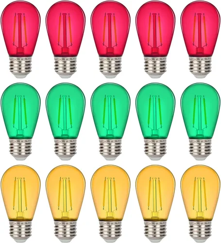 Leadleds Paquete de 15 bombillas LED S14 de colores para tiras de luces de exteriores, bombillas de repuesto inastillables de 2 W para luces de