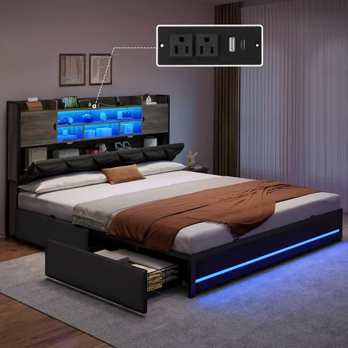 Miniatura 5 de DWVO Base de cama tamaño Queen con luces LED RGB y cabecera de estantería de almacenamiento, cama tapizada con estación de carga y 4 cajones,