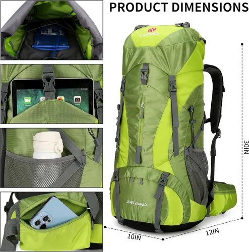 Miniatura 3 de Mochila de senderismo para hombres y mujeres, 70L+5L, impermeable, ligera, mochila de camping con cubierta de lluvia para viajes al aire libre Verde