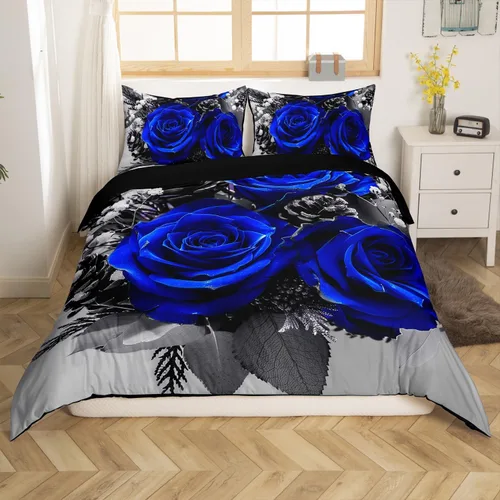 Miniatura 15 de Juego de funda de edredón de rosa roja, tamaño matrimonial, juego de ropa de cama floral color rojo degradado y negro para niñas, mujeres, niños