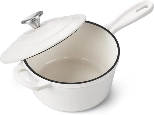Miniatura 17 de Onader Sartén de hierro fundido esmaltado, cacerola pequeña de 1 cuarto de galón con tapa, olla de hierro fundido, horno holandés esmaltado, Blanco