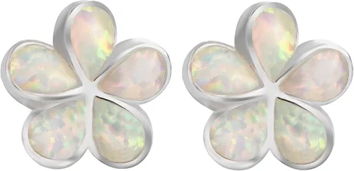 Aretes de plata de ley 925 con diseño de ópalo hawaiano de plumeria, sin níquel, hipoalergénicos para pieles sensibles, acabado rodio, caja de