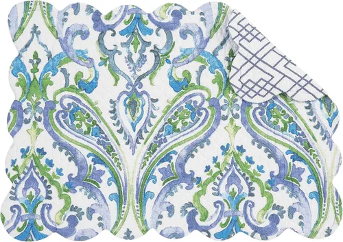 C&F Home Juliet - Juego de 6 manteles individuales rectangulares acolchados reversibles con patrón de cachemira azul, verde y blanco con patrón de