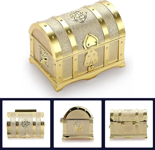 Miniatura 3 de Hipiwe Joyero de metal vintage con diseño de cofre del tesoro, aretes de anillo pequeño, collar de recuerdo para niñas, mujeres y mujeres, dorado