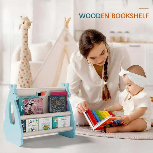 Miniatura 8 de Estantería infantil de doble cara – Estantería portátil de 2 niveles para niños pequeños, estante para libros para habitaciones de niños y sala