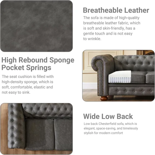 Miniatura 5 de Chesterfield - Sofá de cuero, sofá moderno de mediados de siglo de 89 pulgadas con respaldo bajo, brazo enrollable, ribete de cabeza de clavo, sofá