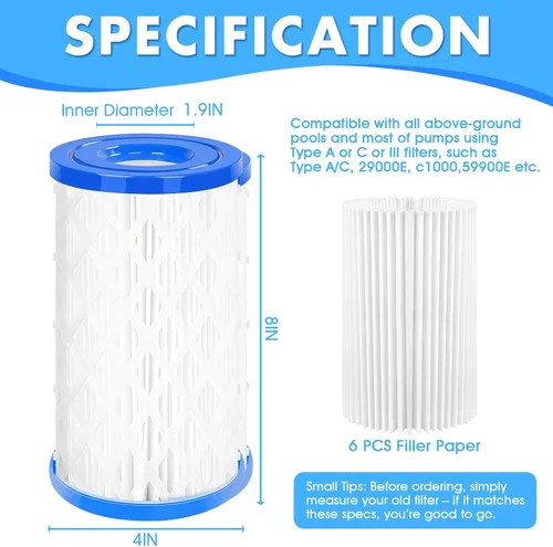 Miniatura 2 de Cartucho de filtro universal para piscina tipo A/C o III, paquete de 6 reemplazos reutilizables para piscinas sobre el suelo, filtración de alta
