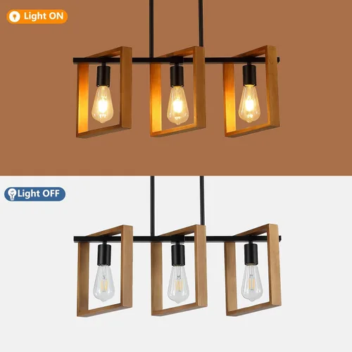 Miniatura 4 de 9MMML Lámpara de 3 luces para isla de cocina, lámpara de comedor negra, con marco de madera, para sala de estar, vestíbulo, entrada, pasillo, E26