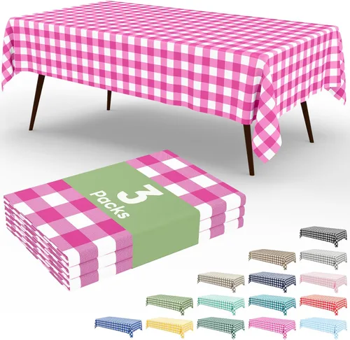 Miniatura 36 de Smiry Paquete de 3 Manteles Desechables de Cuadros Gingham Color Caqui - 54" x 72" Mantel de Plástico de Servicio Pesado, Cubiertas de Mesa