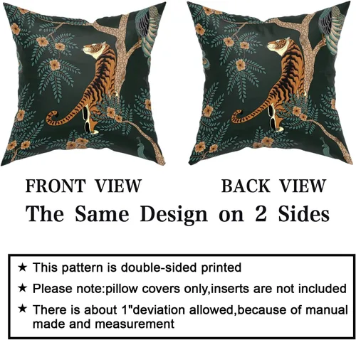 Miniatura 4 de Juego de 2 fundas de almohada de tigre, de algodón, con diseño de animales de bosque de pavo real, decorativas, para dormitorio, sofá, sala