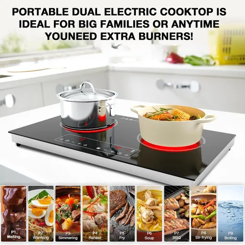 Miniatura 5 de Cocina eléctrica, 110 V, 2400 W, 2 quemadores, encimera y estufa integrada con 9 niveles de potencia, bloqueo de seguridad para niños, temporizador