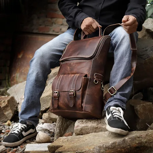 Miniatura 7 de cuero C - Mochila de cuero de grano completo para hombre, bolsa para laptop de 17 pulgadas, mochila de viaje vintage, mochila casual para mujer