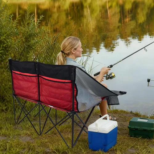 Miniatura 8 de Byliable Silla de campamento doble para exteriores, de 2 plazas, de gran tamaño, portátil, plegable, con portavasos y bolsillo de almacenamiento