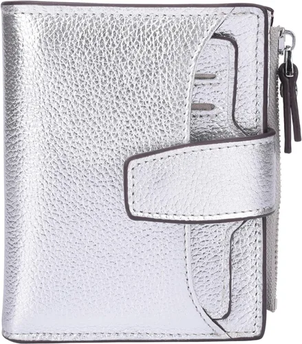 Miniatura 26 de Cartera de cuero con bloqueo RFID para mujer, pequeña, compacta, doble cremallera, con ventana para identificación
