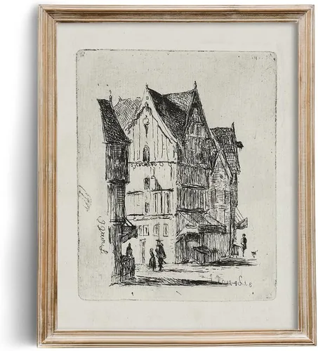 Miniatura 5 de Dibujo de Edificios de Ciudad en Estilo Rústico en Gris - Grabado de Arquitectura Urbana en Poster - Arte de Pared Vintage de Granja - Bosquejo Gris