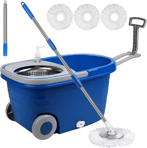 Juego de trapeador y cubo con escurridor de 25 cuartos de galón, acero inoxidable Deluxe 360 Spinning Mop Bucket Sistema de limpieza del suelo con 3