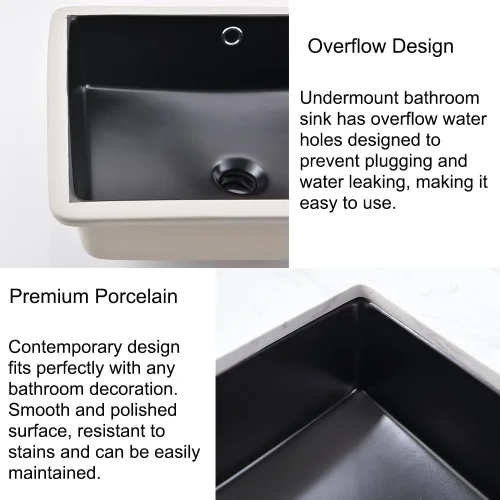 Miniatura 5 de Fregadero de baño rectangular de 20 x 15 pulgadas, color negro, de porcelana, cerámica, arte moderno, lavabo bajo encimera con desbordamiento Negro