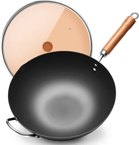 WANGYUANJI Wok de acero al carbono, woks de 13.4 pulgadas y sartenes para freír con tapa de vidrio, sin revestimiento químico, wok de hierro de