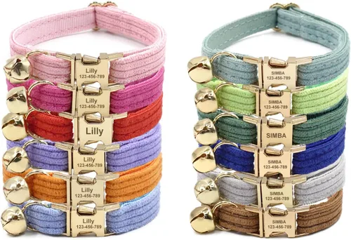 Collar de gato personalizado con nombre y número de teléfono grabado para gatito niño y niña Estilo de pana