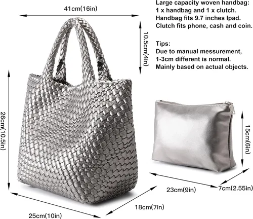 Miniatura 3 de Queenoris Bolso tejido para mujer, bolso de mano de cuero vegano grande para verano, playa, viaje, bolso y bolso retro hecho a mano