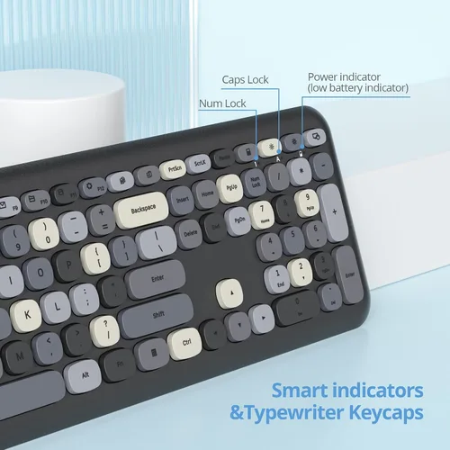 Miniatura 6 de Combo de teclado y mouse inalámbricos para máquina de escribir, 2.4G Office 104 teclas de tamaño completo, retro punk, lindo negro con teclas