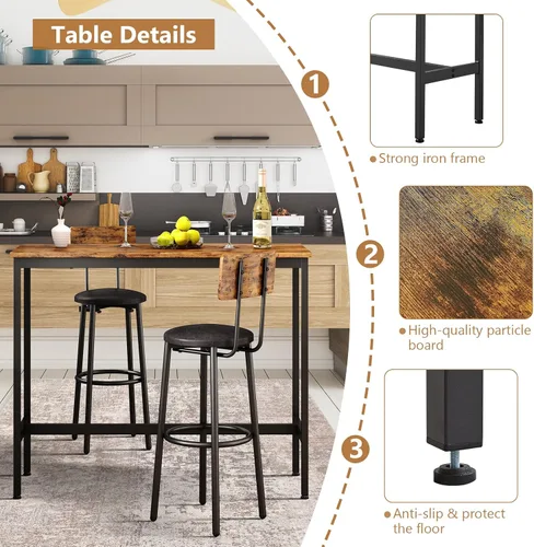 Miniatura 3 de Juego de mesa de bar y 2 sillas, 3 piezas para espacios pequeños, mesa de comedor rectangular para 2 mesas de bar de altura de mostrador con 2 Mesa