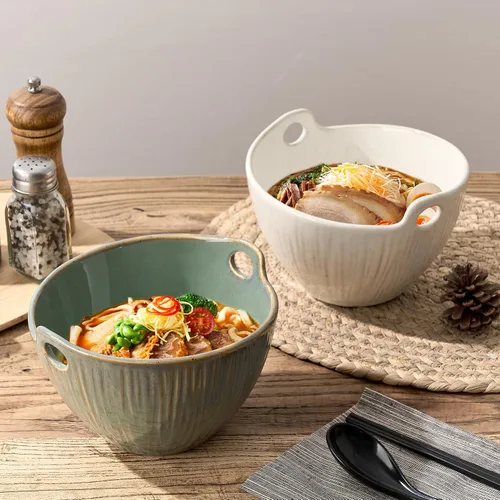 Miniatura 7 de Donburi - Juego de 2 cuencos de cerámica para fideos con palillos y cucharas, juego de 2 cuencos Donburi aptos para lavavajillas para pasta