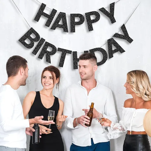 Miniatura 5 de Pancarta de Feliz Cumpleaños con Purpurina Negra - 9 pies Pre-Ensartada Sin Bricolaje Cartel de Fondo para Fiestas, Adultos, Niños, Mujeres