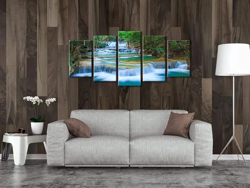 Miniatura 4 de Wieco Art Lienzo de cascada pacífica para pared, cuadros de árboles verdes para sala de estar, dormitorio, decoración del hogar, 5 piezas, estirado