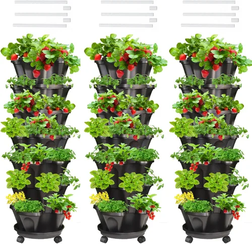 Miniatura 34 de Macetas verticales de fresa, paquete de 2 unidades, torre apilable de 5 niveles con poste de soporte, macetas apilables para hierbas y verduras