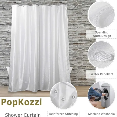 Miniatura 2 de Cortina de ducha con purpurina blanca plateada: cortinas de ducha de tela lavable brillante brillante para baño, cortina de baño de lujo de satén