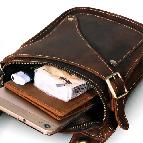 Miniatura 7 de Le'aokuu - Bolso de pierna para moto, de cuero genuino, para hombre, bolso tipo mensajero a la cintura), B9326