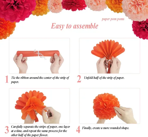Miniatura 6 de Envibe Decoraciones de fiesta naranja – Pompones de papel de seda para novia, bebé, bodas y fiestas de cumpleaños – 34 piezas de decoración de boda