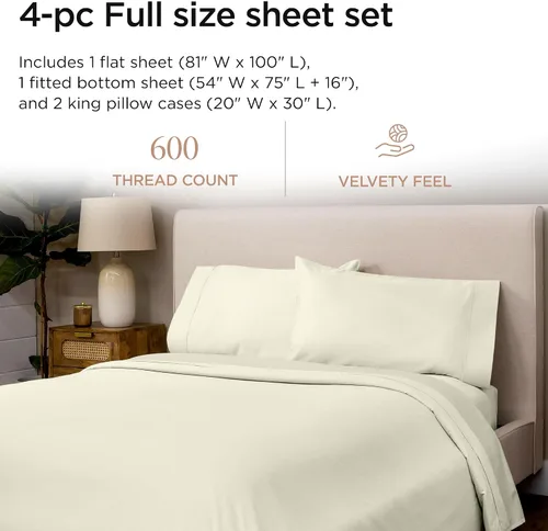 Miniatura 2 de Threadmill Sábanas de Algodón 100% para Cama Tamaño Full - Juego de Sábanas Full de 600 Hilos con Bolsillo Profundo de 16" - Juego de Ropa de Cama