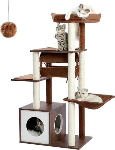 Miniatura 12 de PEQULTI - Torre para gatos moderna, árbol de gato de varios niveles para gatos de interior, casa de juego para gatos con gran condo, hamaca