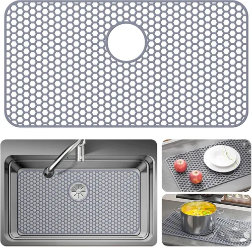 Miniatura 12 de Bestjing Tapete de silicona para fregadero - Protectores para fregadero de cocina con drenaje central, accesorio de rejilla de cocina de 26" x 14