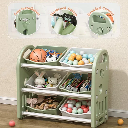 Miniatura 4 de Organizador de almacenamiento de juguetes para niños, estantes de 3 niveles, organizador de almacenamiento multifuncional para niños con 6 Verde