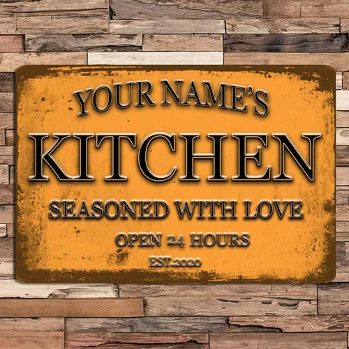 Letrero de cocina personalizado para decoración de pared, diseño vintage de cocina, sazonado con amor, letrero de metal con nombre personalizado,