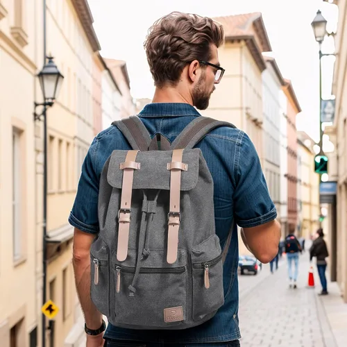 Miniatura 7 de DTGN Mochila de lona vintage para hombres y mujeres, mochila casual duradera con acento de cuero, se adapta a la universidad, trabajo, viajes y al
