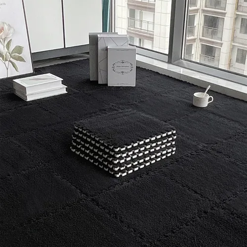 Miniatura 4 de 12 piezas de baldosas de alfombra de espuma entrelazadas para niños con borde, cuadrados gruesos de alfombra de felpa, tapetes de juego para el Negro